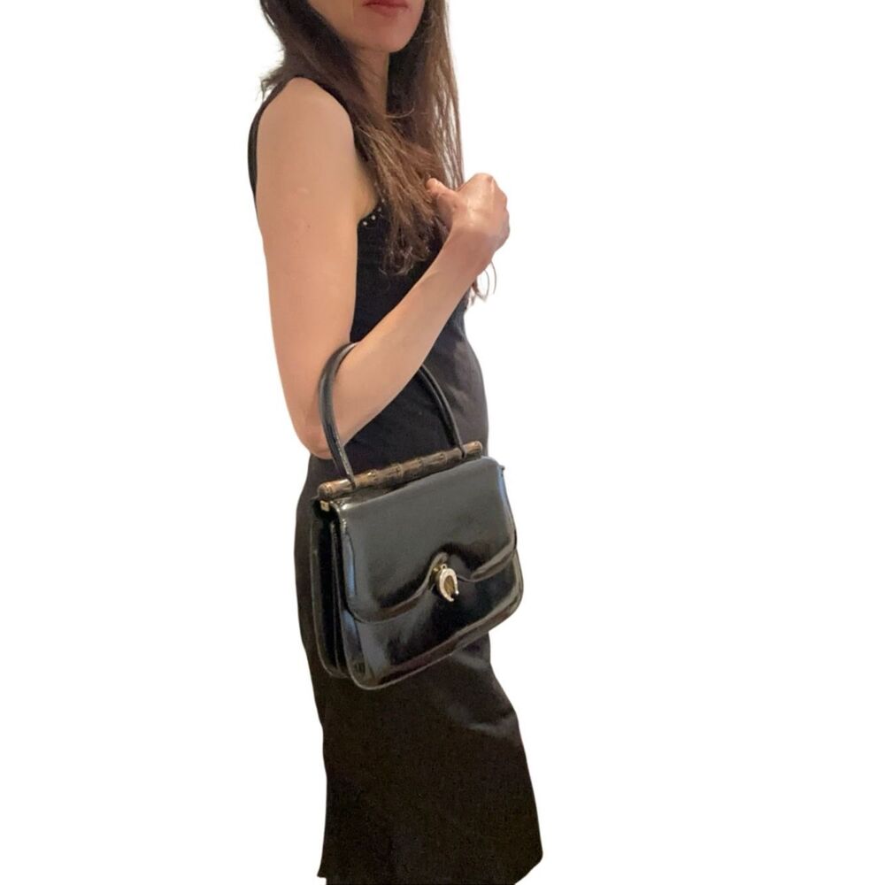 Gucci Black Patent Shoulder Bag with Bamboo Accent - Picture 2 of 14